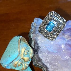 Vintage 3 Tier Sterling Silver Marcasite and Blue Topaz Ring Size 5.5